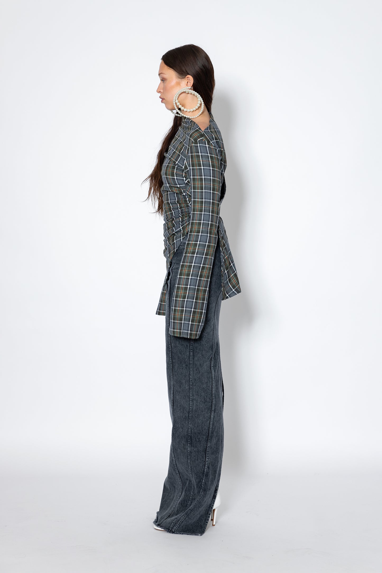 Jade Cropper Asymmetric Plaid Top gray side view with plaid pattern, open back, long sleeves, and ruched detailing on sleeve