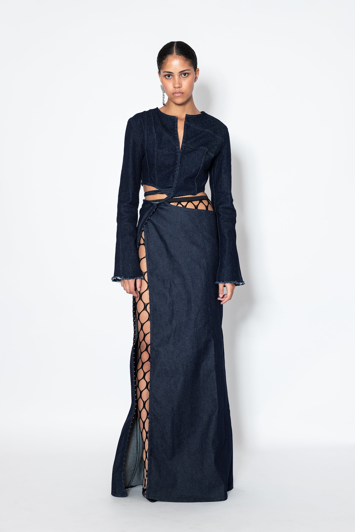 model wears navy cropped jade cropper top with hook and eye closure open back and cut-out detailing front view