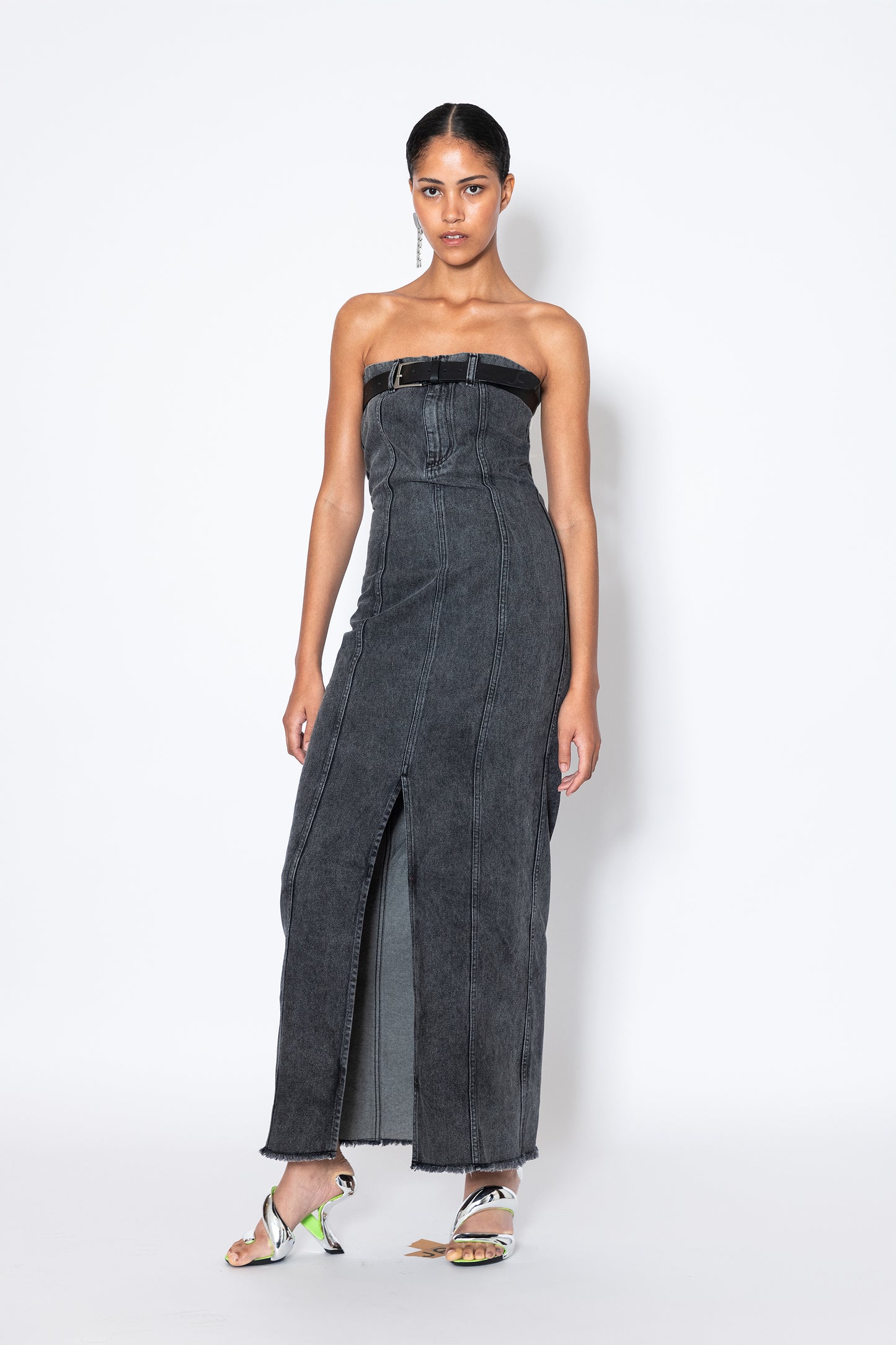 Front view of Jade Cropper strapless Denim Belt Maxi Dress in gray denim with buckle detail and front slit