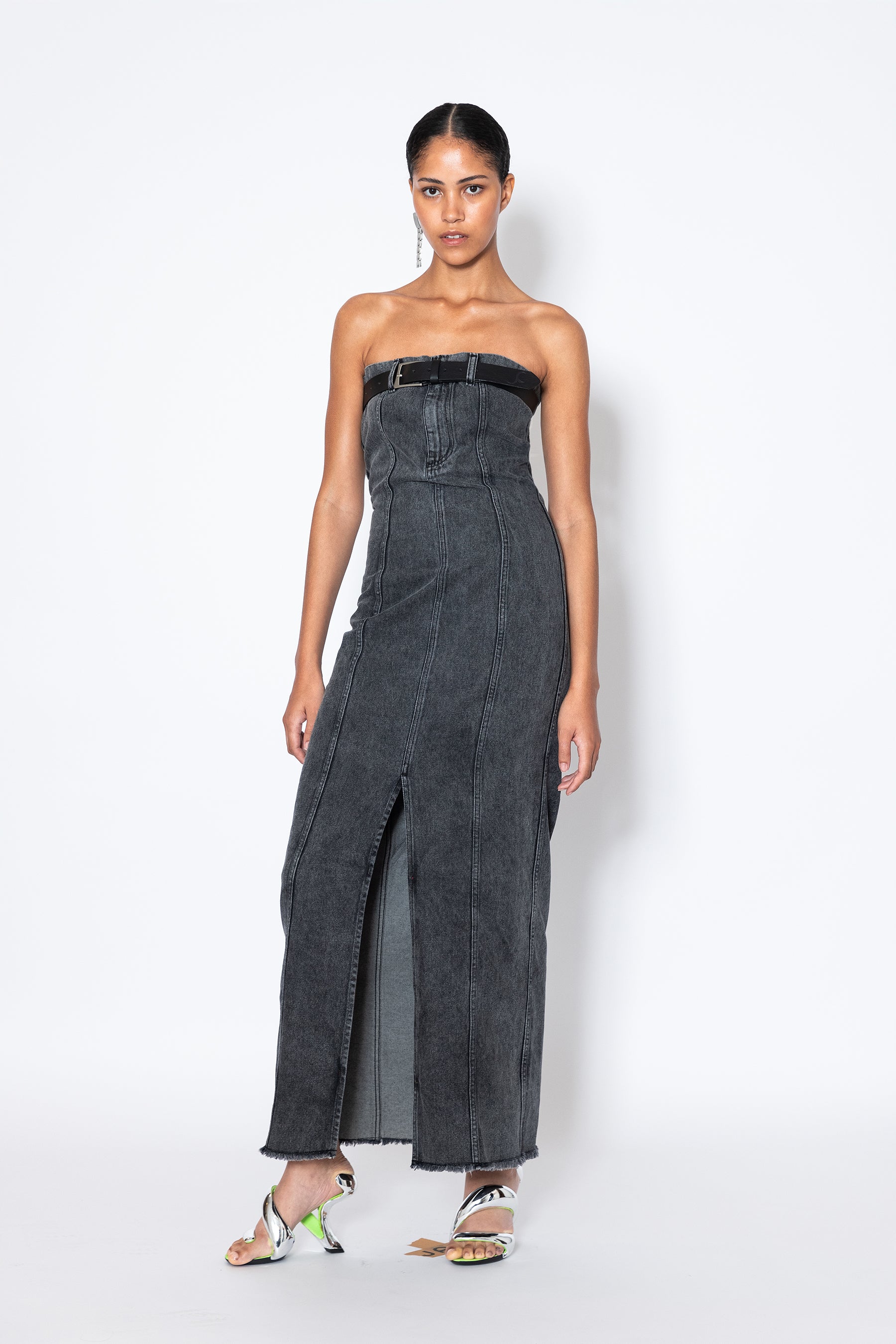 Front view of Jade Cropper strapless Denim Belt Maxi Dress in gray denim with buckle detail and front slit