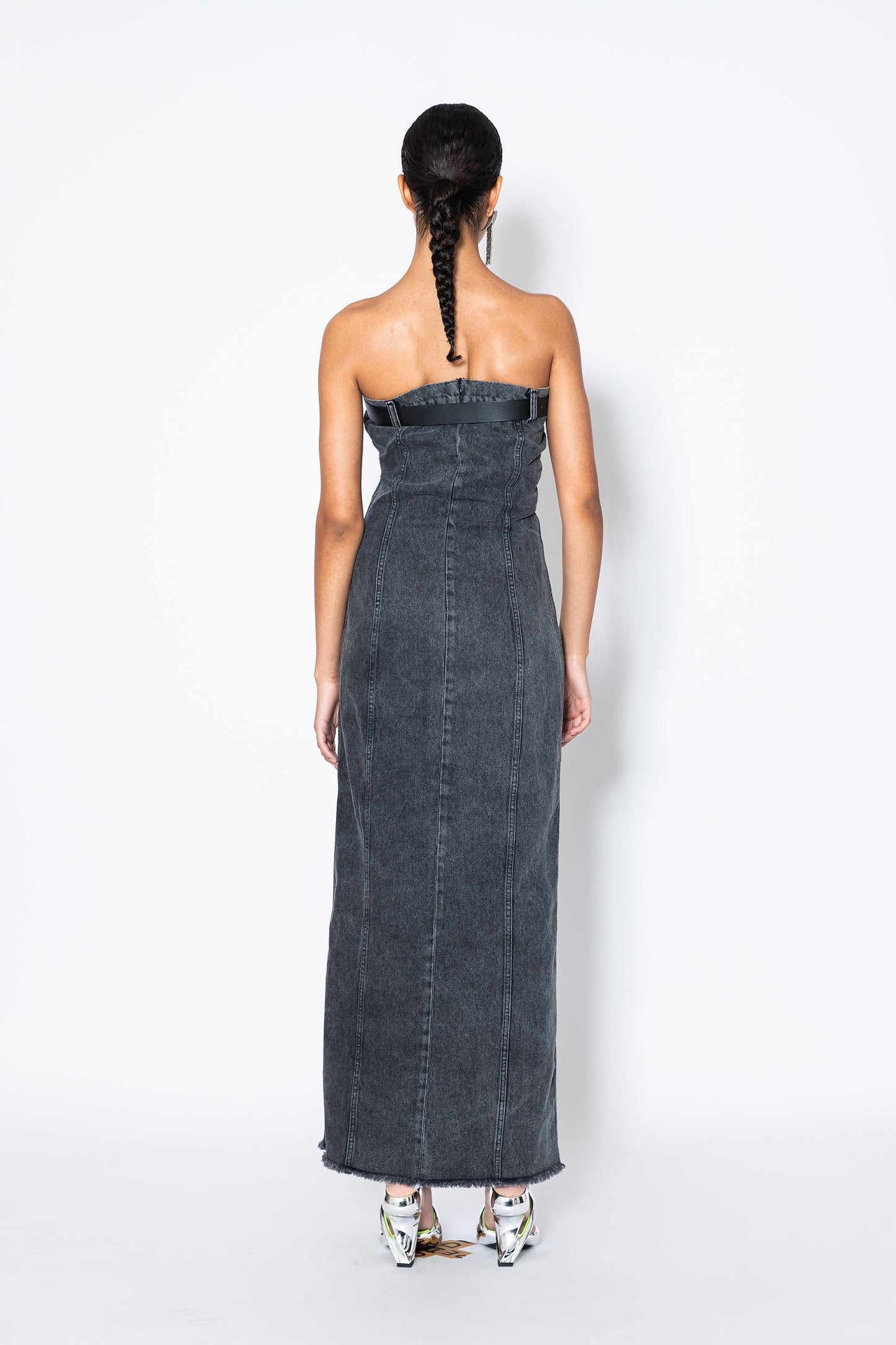 Back view of Jade Cropper strapless Denim Belt Maxi Dress with seam detailing, long length and frayed hem in gray