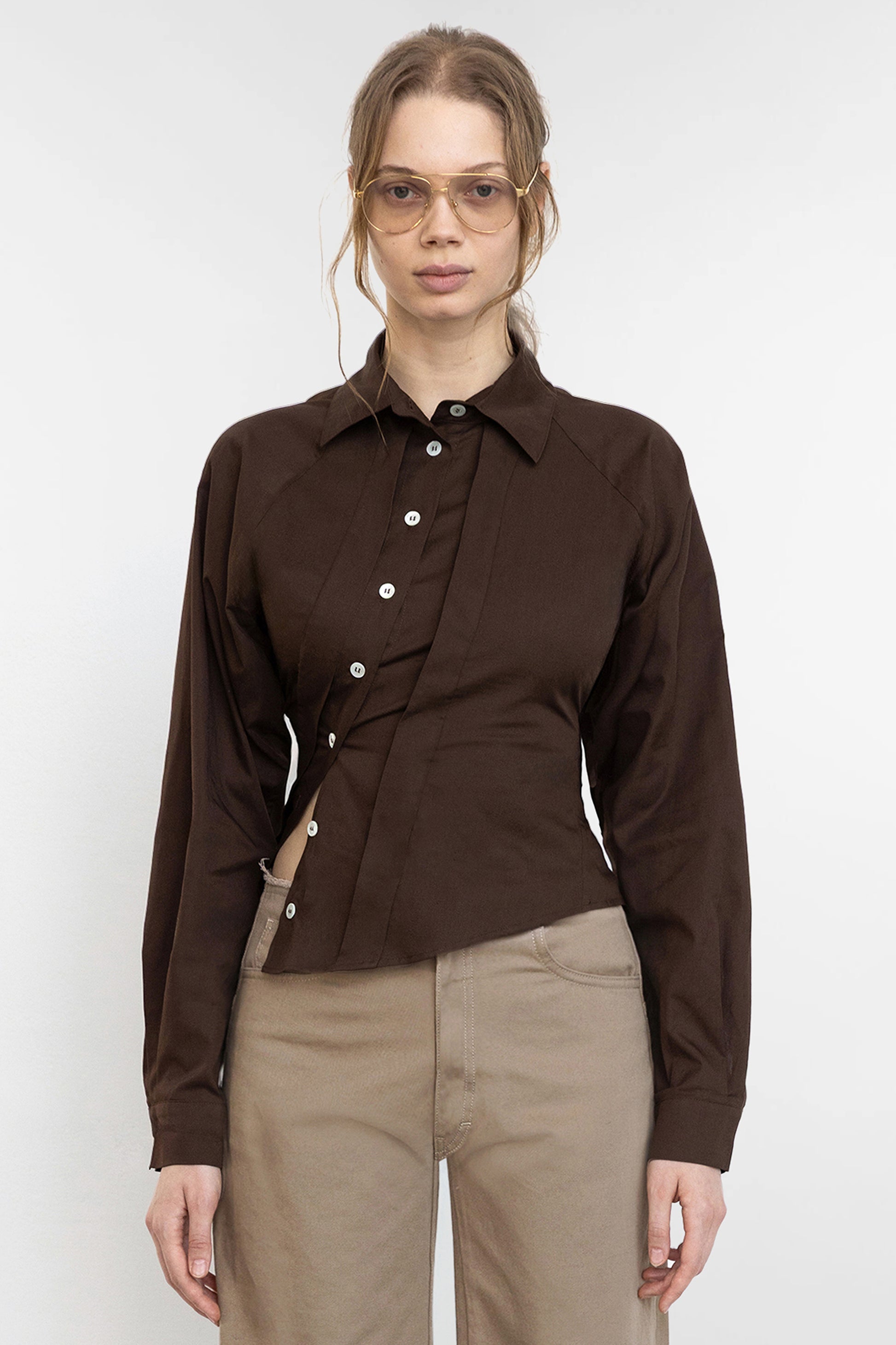 Jade Cropper asymmetric shirt brown front view with collared neckline button closure and long sleeves