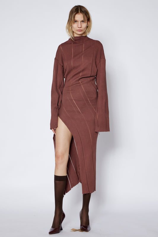 Jade Cropper knitted oversized dress with slit in brown ribbed texture front view high neck asymmetric hem long sleeves