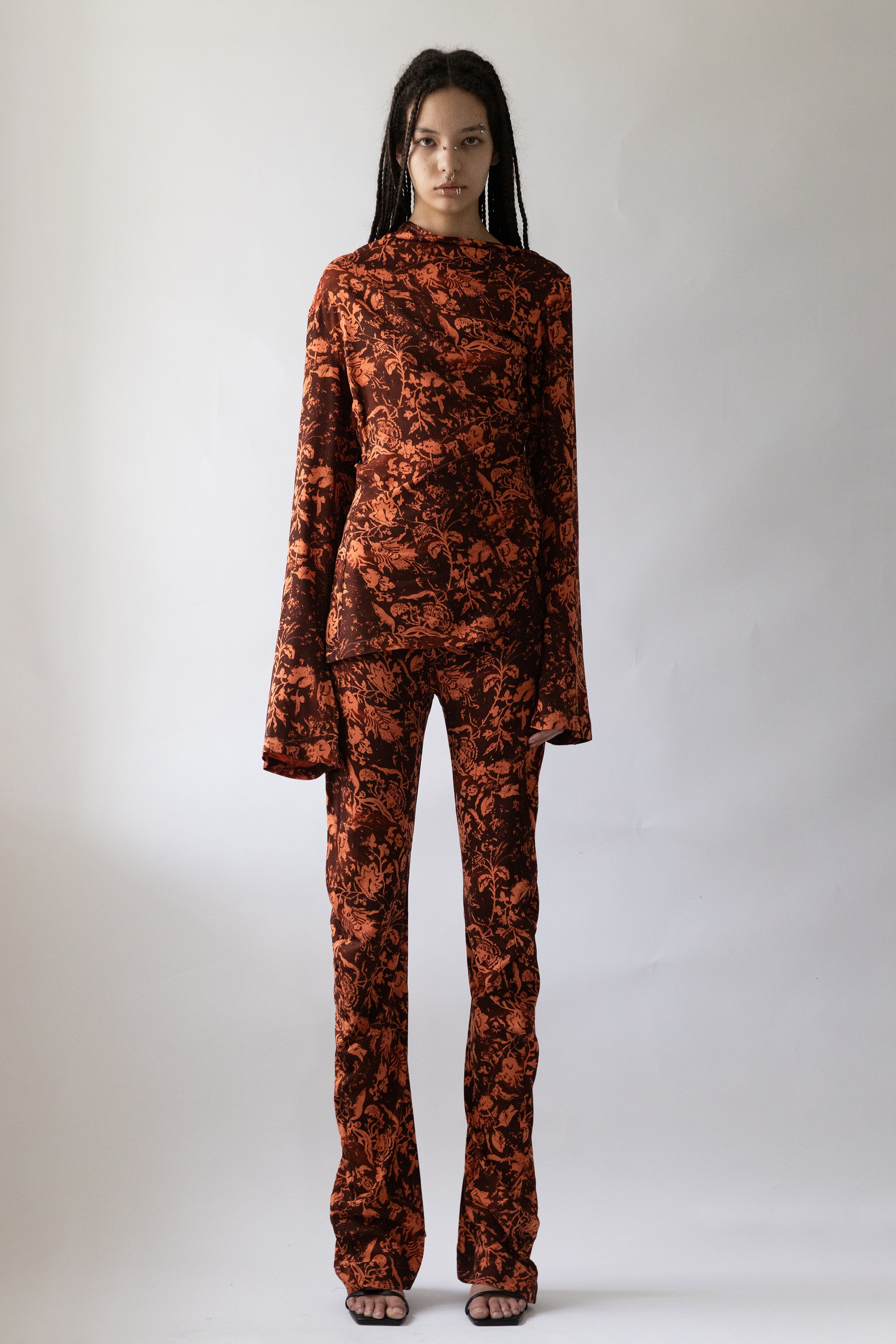 model in Jade Cropper long sleeve floral pattern high waist wide leg front view garment silhouette