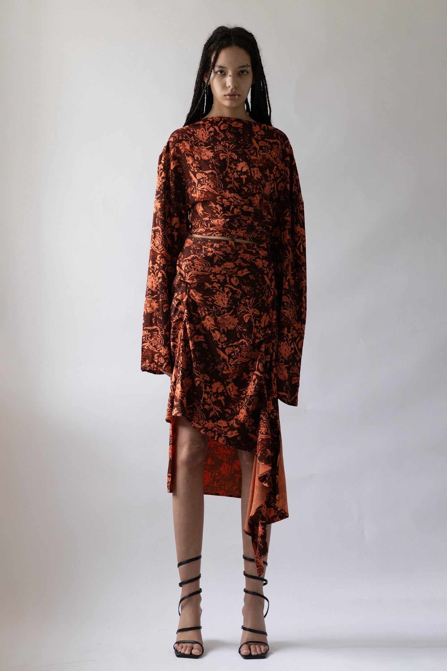 Jade Cropper product_name front view floral pattern asymmetric hem long sleeves draped detail on model