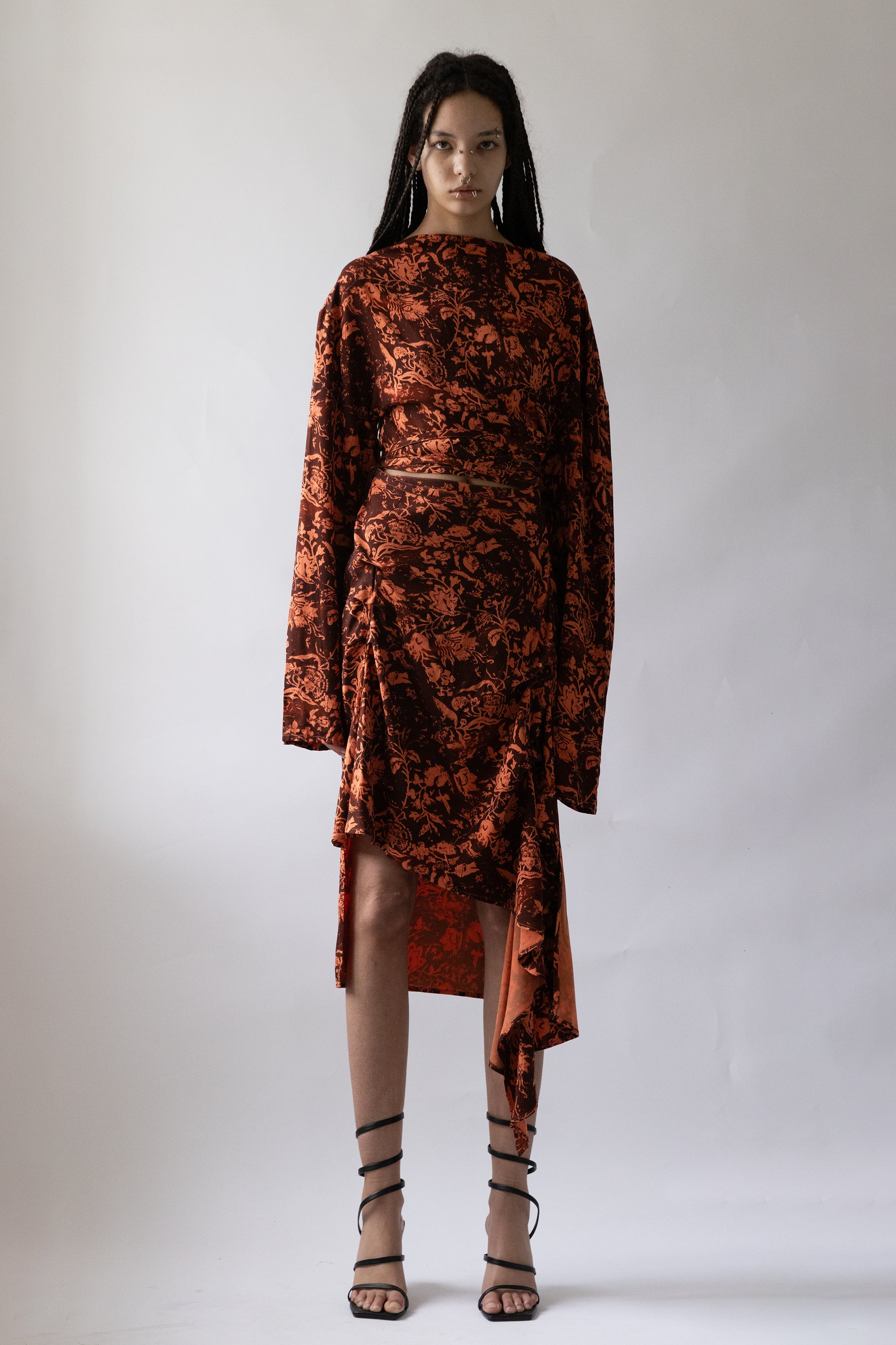 Jade Cropper product_name front view floral pattern asymmetric hem long sleeves draped detail on model