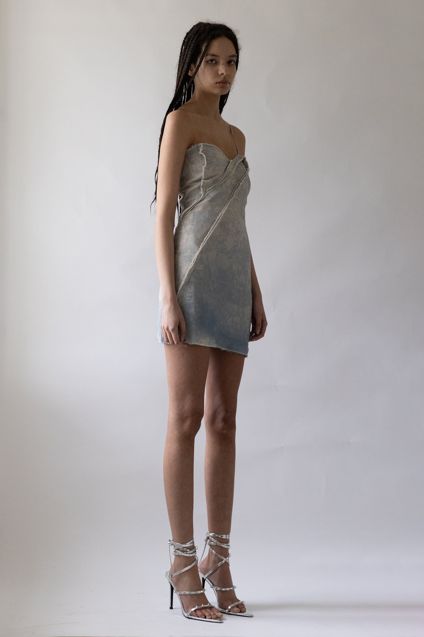 Side view of Jade Cropper Dip-Dye Silk Dress in blue with strap detail asymmetrical hem linear stitching and lightweight fabric