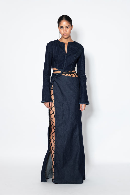 model wears navy cropped jade cropper top with hook and eye closure open back and cut-out detailing front view