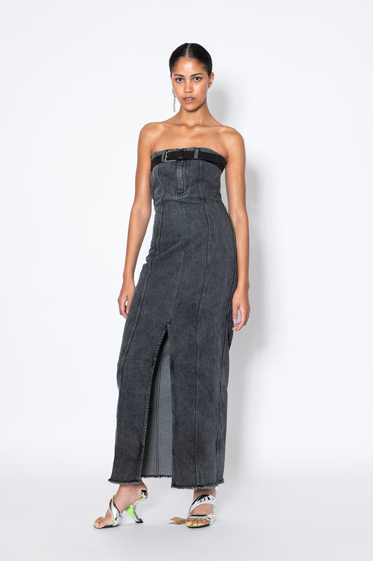 Front view of Jade Cropper strapless Denim Belt Maxi Dress in gray denim with buckle detail and front slit
