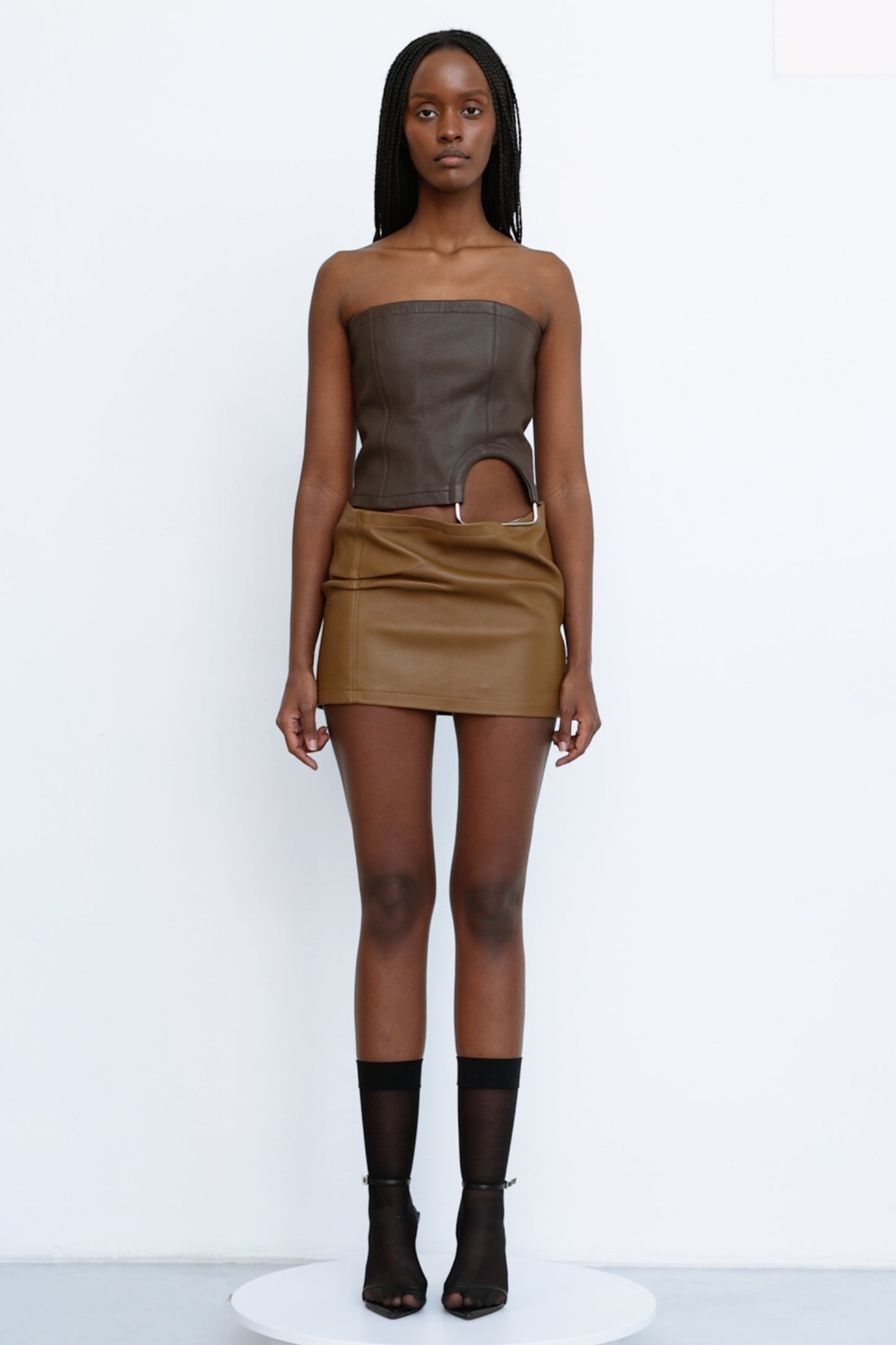 Leather Bustier With Metal Detail - Mini Leather Skirt