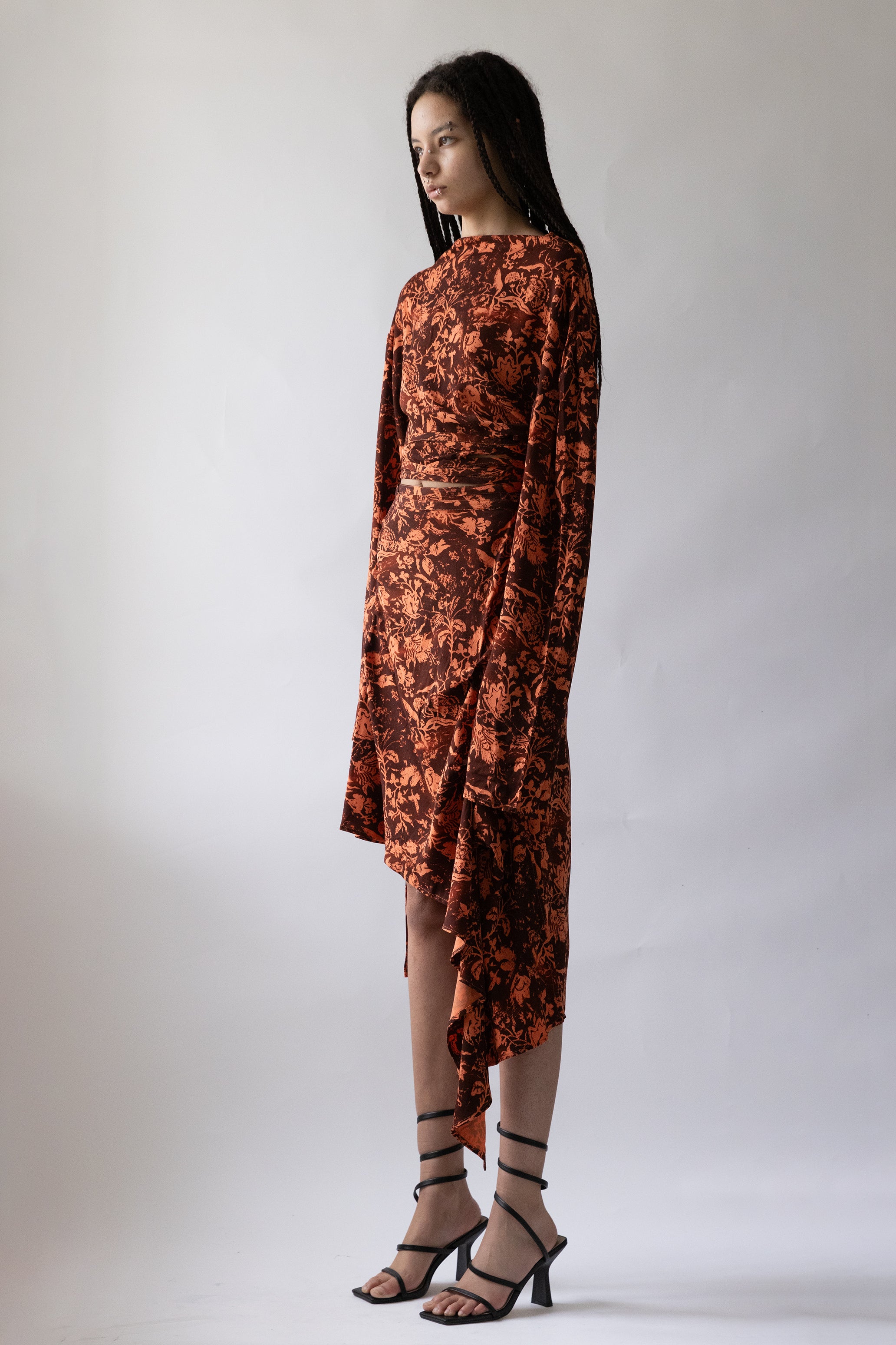 Jade Cropper abstract-print mesh midi dress - Orange