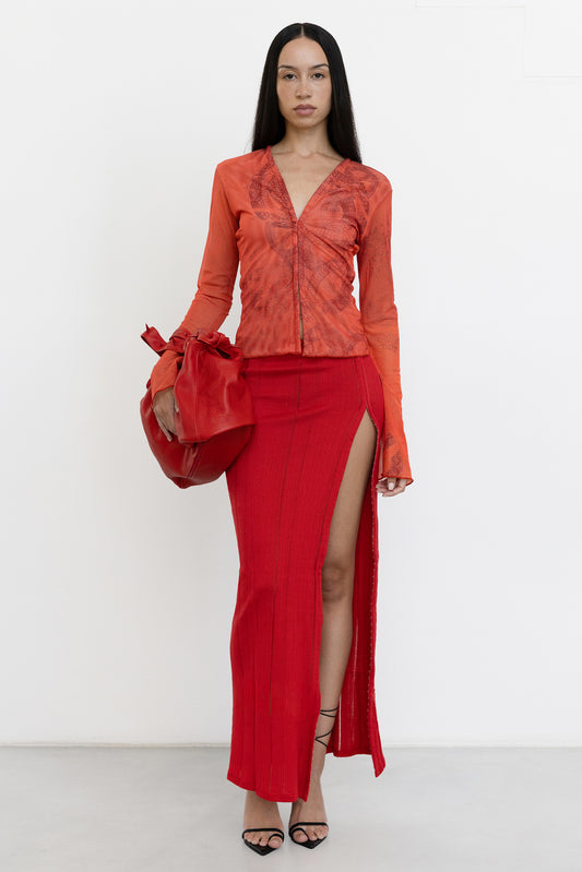 Knitted Maxi Skirt With Hook And Eye In Red